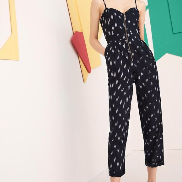 Like NEW Anthropologie Elevenses Womens Blue Ikat-Zip Front Jumpsuit Size 0 - Picture 2 of 14